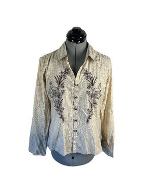 Johnny Was Stripe Western Boho Embroidered Top M